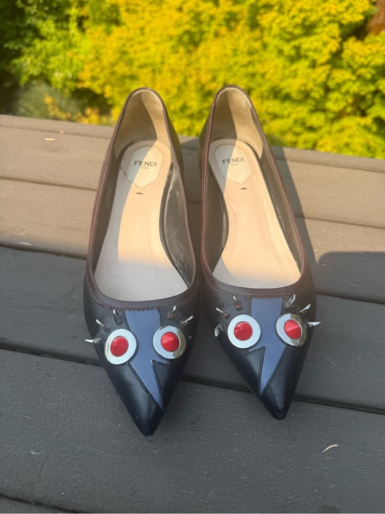 Fendi Shoes - Fendi Black Pointed Leather Flats with Red Stud Accents